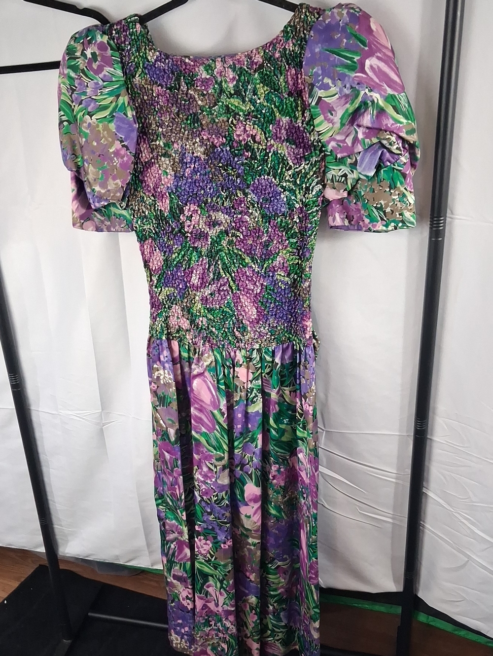 Floral Purple Green Smocked Maxi Dress